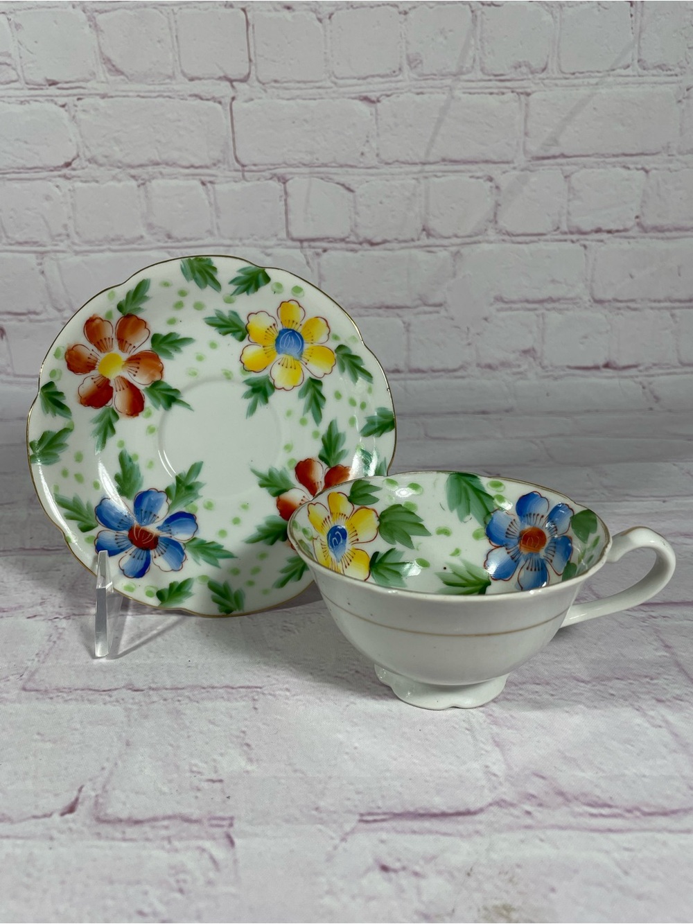 Vintage Orion China Hand Painted Floral Footed Teacup and Saucer Set Japan